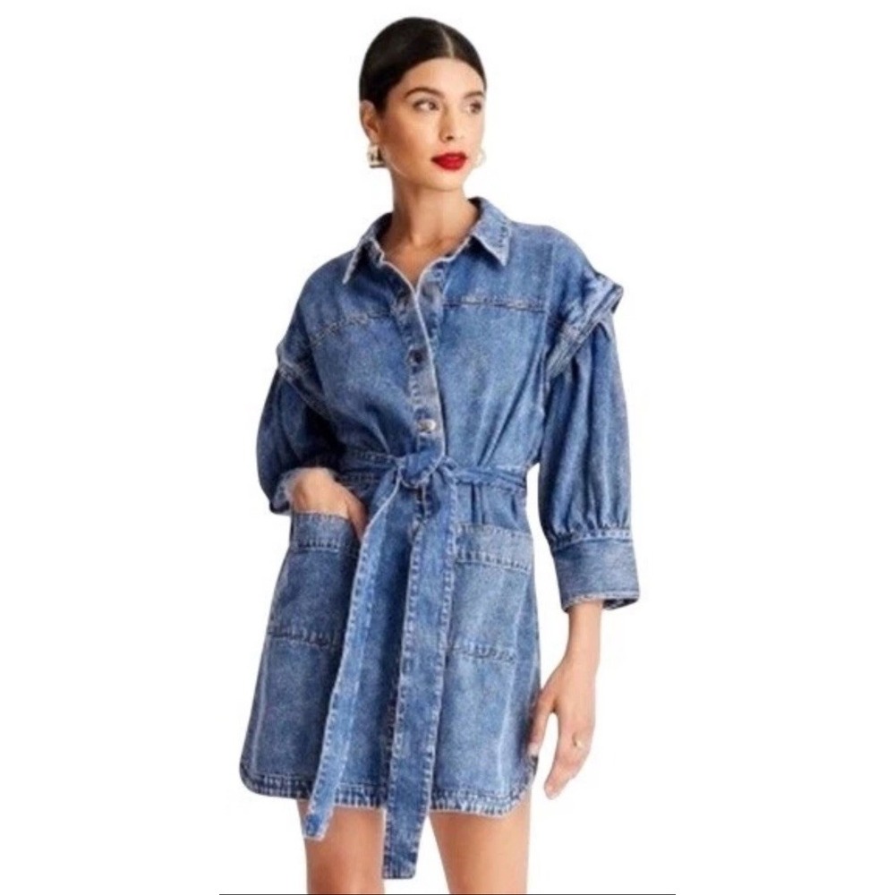 Future Collective Kahlana Barfield Brown Puff Sleeve Denim Dress‎ Size 24/26w